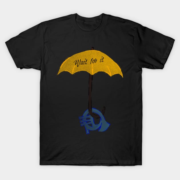 Yellow umbrella and blue horn black - Wait for it - black T-Shirt by Uwaki